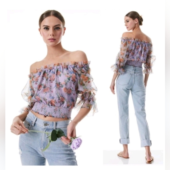 ALICE + OLIVIA Caprina Silk Puff Sleeve Off Shoulder Crop Top Size Small NWOT - Picture 2 of 15